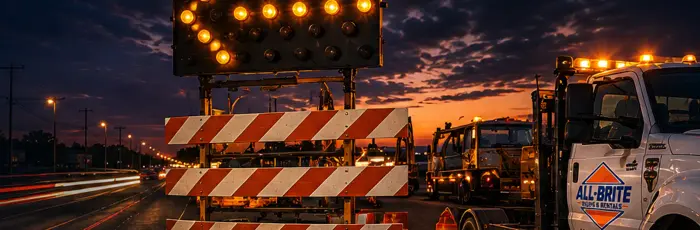 Arrow board and barricade trailer staged at dusk