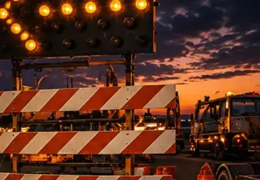 Portable flashing arrow sign directing traffic around a work zone