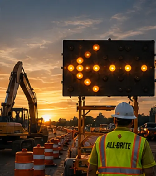 Road construction crew behind an arrow board