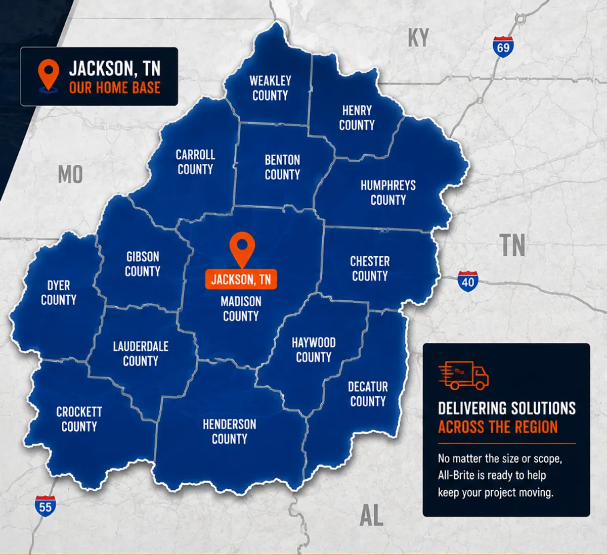 Map of the West Tennessee counties served by All-Brite, centered on Jackson in Madison County