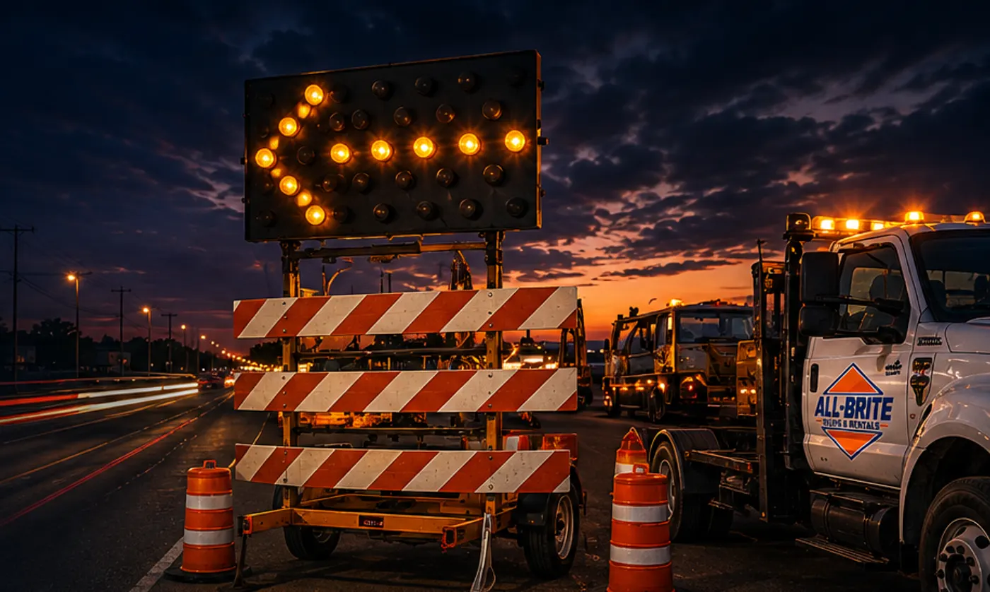 Arrow board and barricade trailer staged at dusk