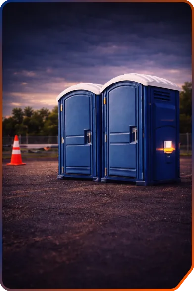Two blue portable toilets with traffic cones at dusk