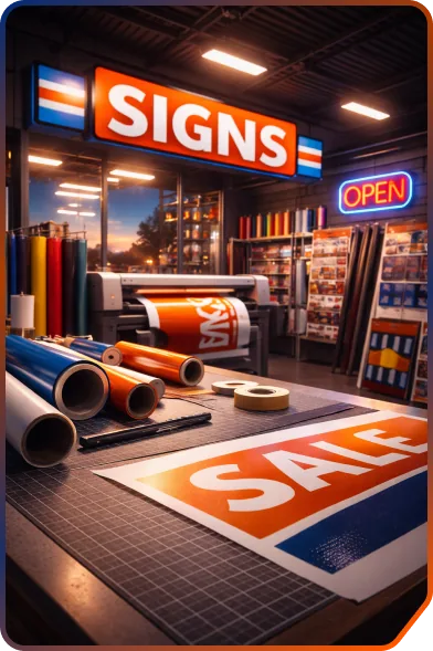 Sign shop interior with vinyl rolls, a wide-format printer and finished signage