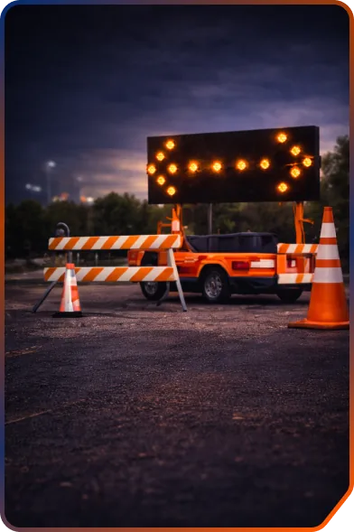 Arrow board, barricades and traffic cones set out on a work zone at dusk